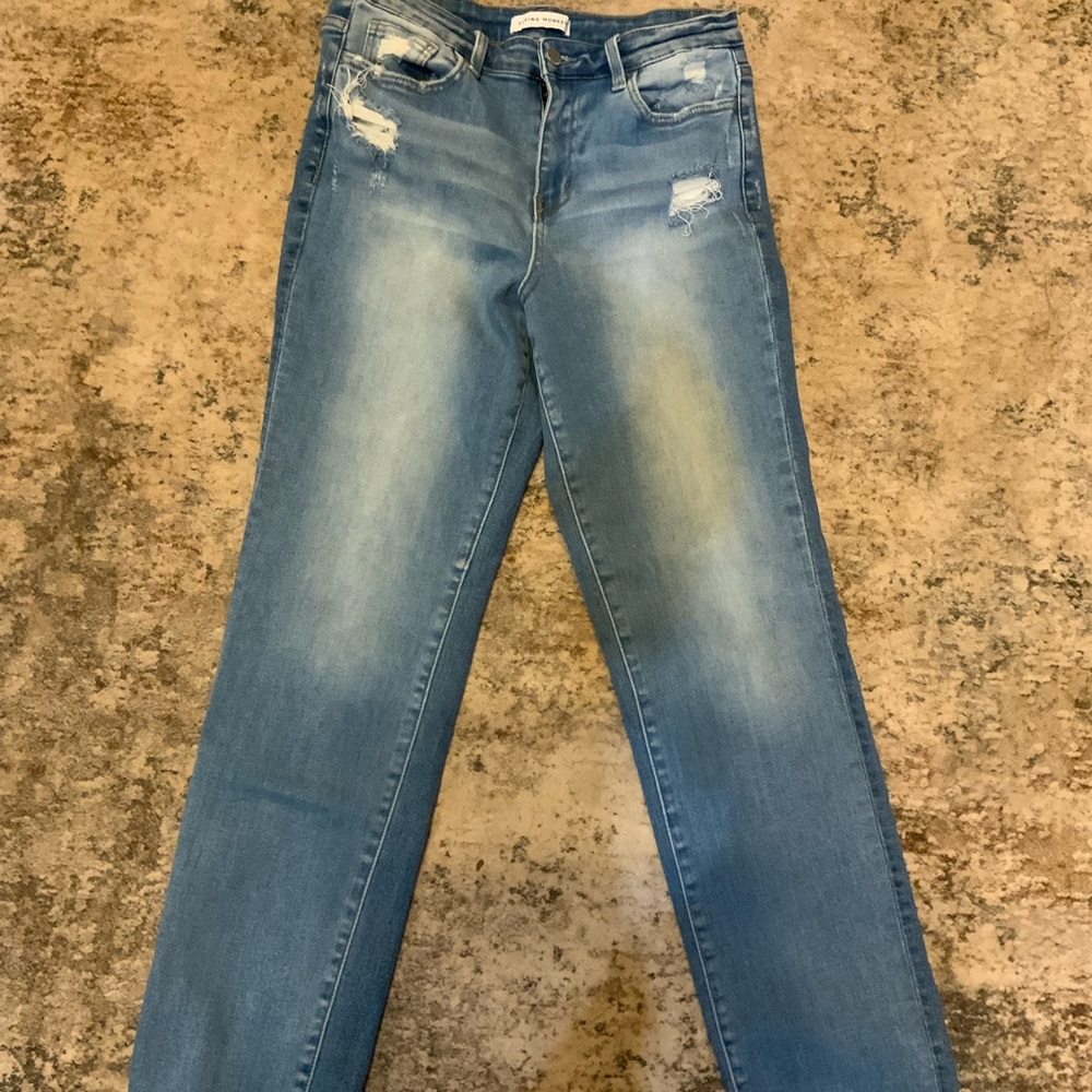 Flying Monkey Blue Straight Leg Jeans with Distressed Details